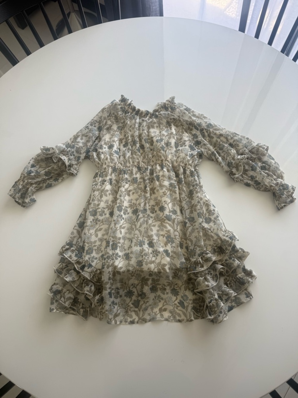Girls Floral Ruffle Long Sleeve Dress - Cream & Sage